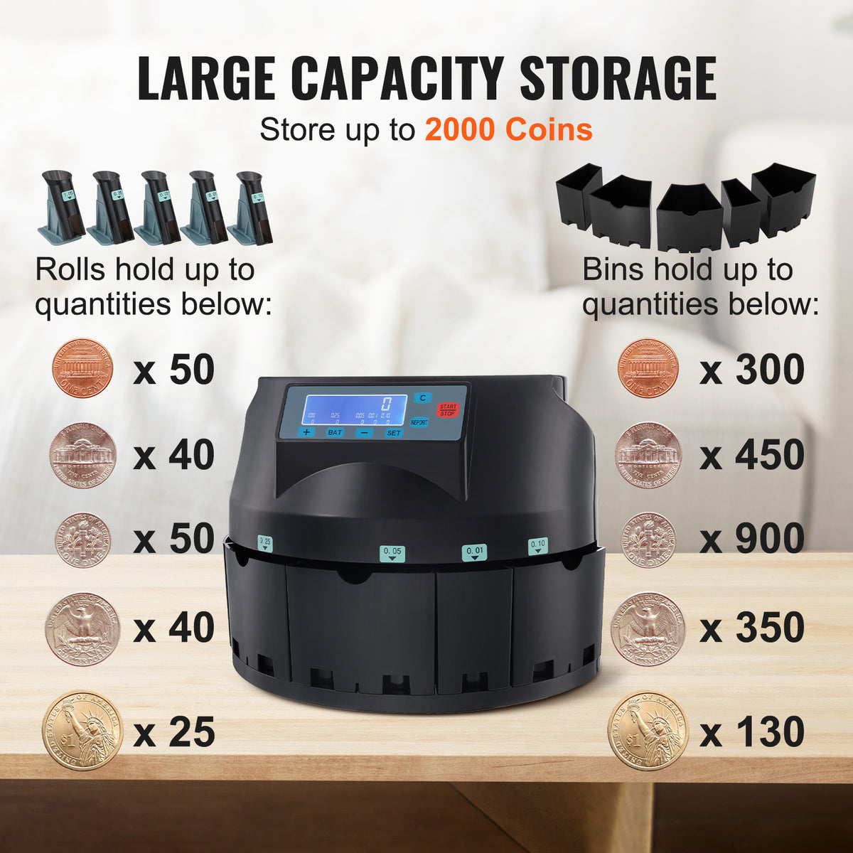 VEVOR USD Coin Counter & Coin Sorters with LCD Display, Coin Sorter Machine for USD Coin 1 5 10 25 1, Sorts up to 300 Coins/min, Change Counter Holds 2000 Coins Included 5 Coin Bins & 5 Tubes