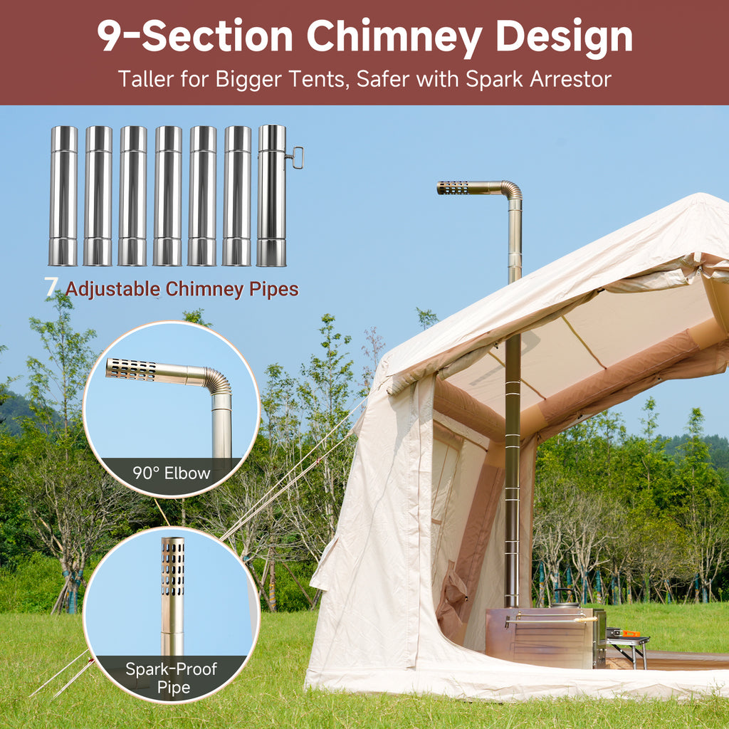 Hot Tent Stove, Camping Wood Stove for Tent, Portable Stainless Steel Wood Burning Stove with 7 Chimney Pipes for Wall Tent Camping, Cooking, Ice Fishing, Hunting, Boiling Water - Large