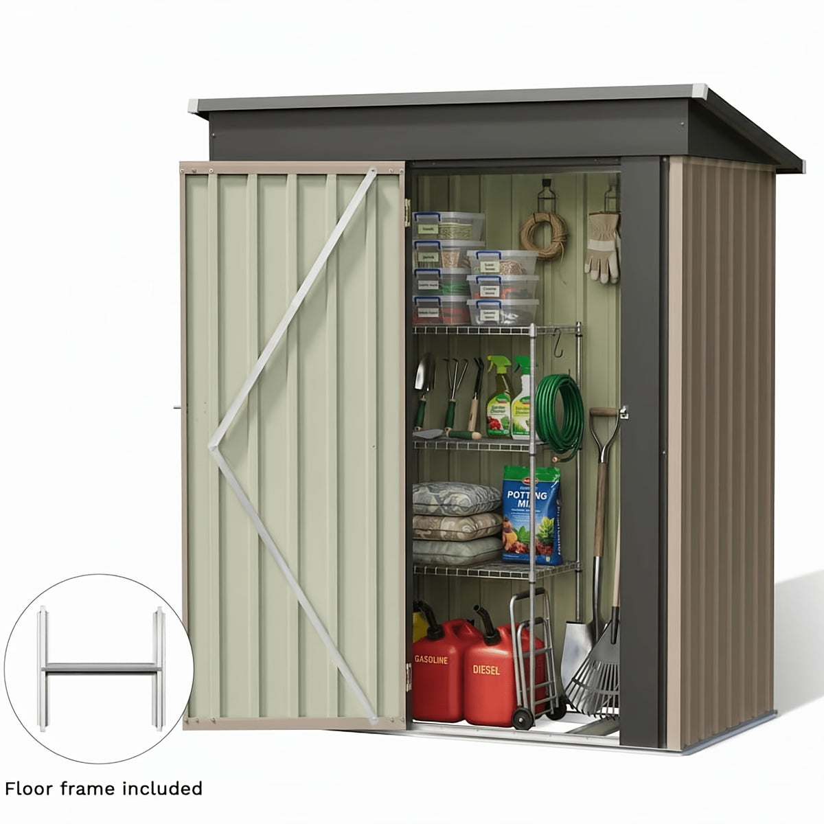 GUNJI 10 X10ft & 8 X 6ft 6 X 4ft & 5 X 3ft Storage Shed with Floor Frame, Metal Tools Shed with Design Of Lockable Doors, Utility And Tool Holder for Garden, Workshop, Backyard, Can Hold Various Tools
