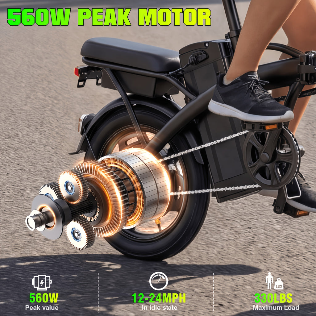 14 Inch Folding Electric Bike for Adults And Teens, 560W Peak Motor, Removable 48V 10.4AH Battery, 12-24 MPH Top Speed, 32 Miles Assist Range, 330 LBS Max Load, Ideal for Urban Commuting & Recreational Riding, Perfect Gift Choice