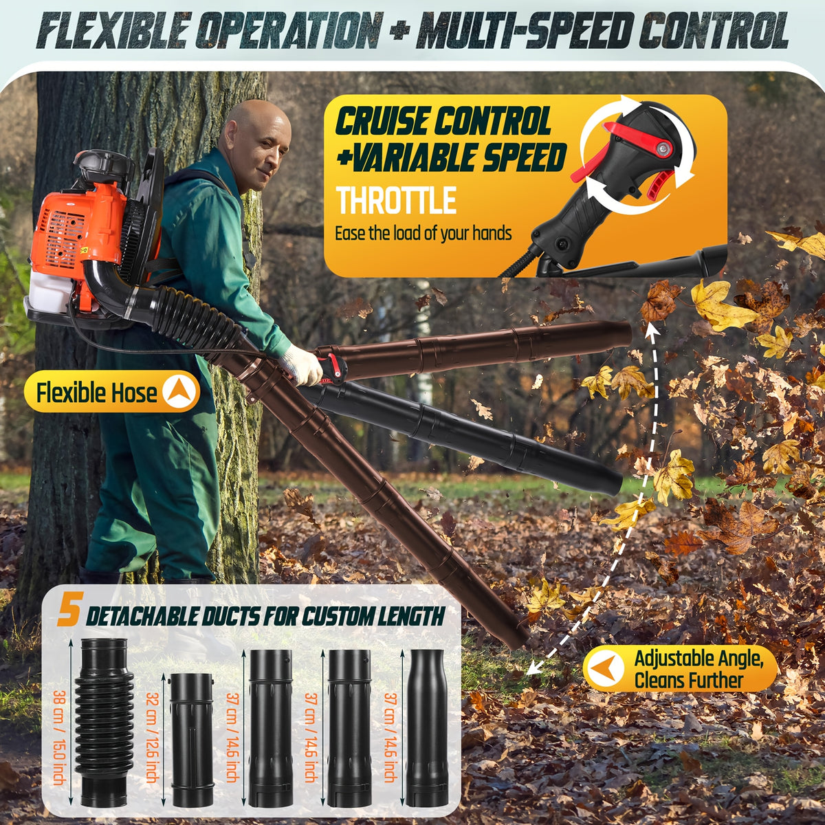 75.6Cc Gas Backpack Leaf Blower 912 CFM 206 MPH 49N, 6.0 HP 2-Cycle Backpack Blowers Gas Powered with Low Vibration, Ergonomic Design, Cruise Control, Commercial-Grade Gas Leaf Blower for Garden Lawn Yard Cleaning, Snow Removal, Gifts for Dad