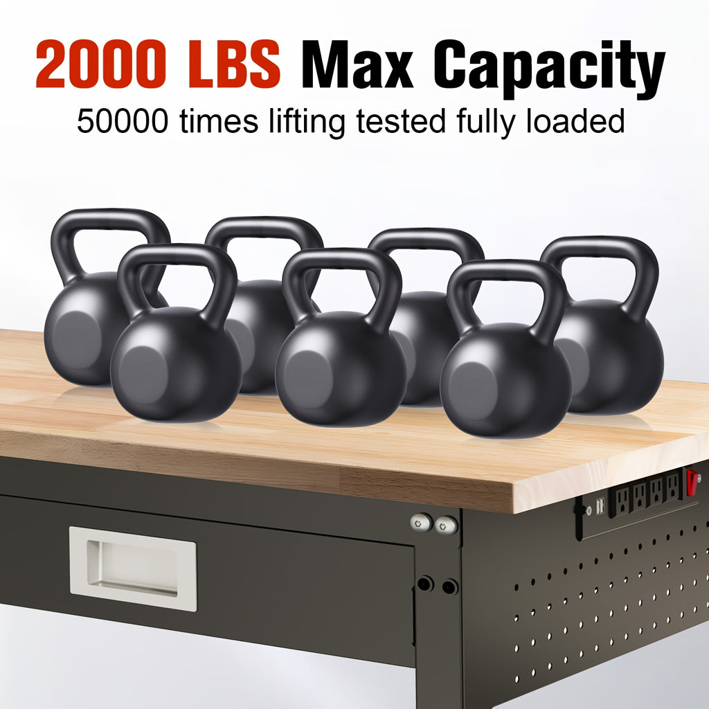60"× 22" Garage Workbench with Drawers & Pegboard -- Adjustable Heavy Duty Table with Power Strip, Strip Light & Thick Rubber Wood Top, 2000LBS Load Capacity for Workshop, Office, Home Garage