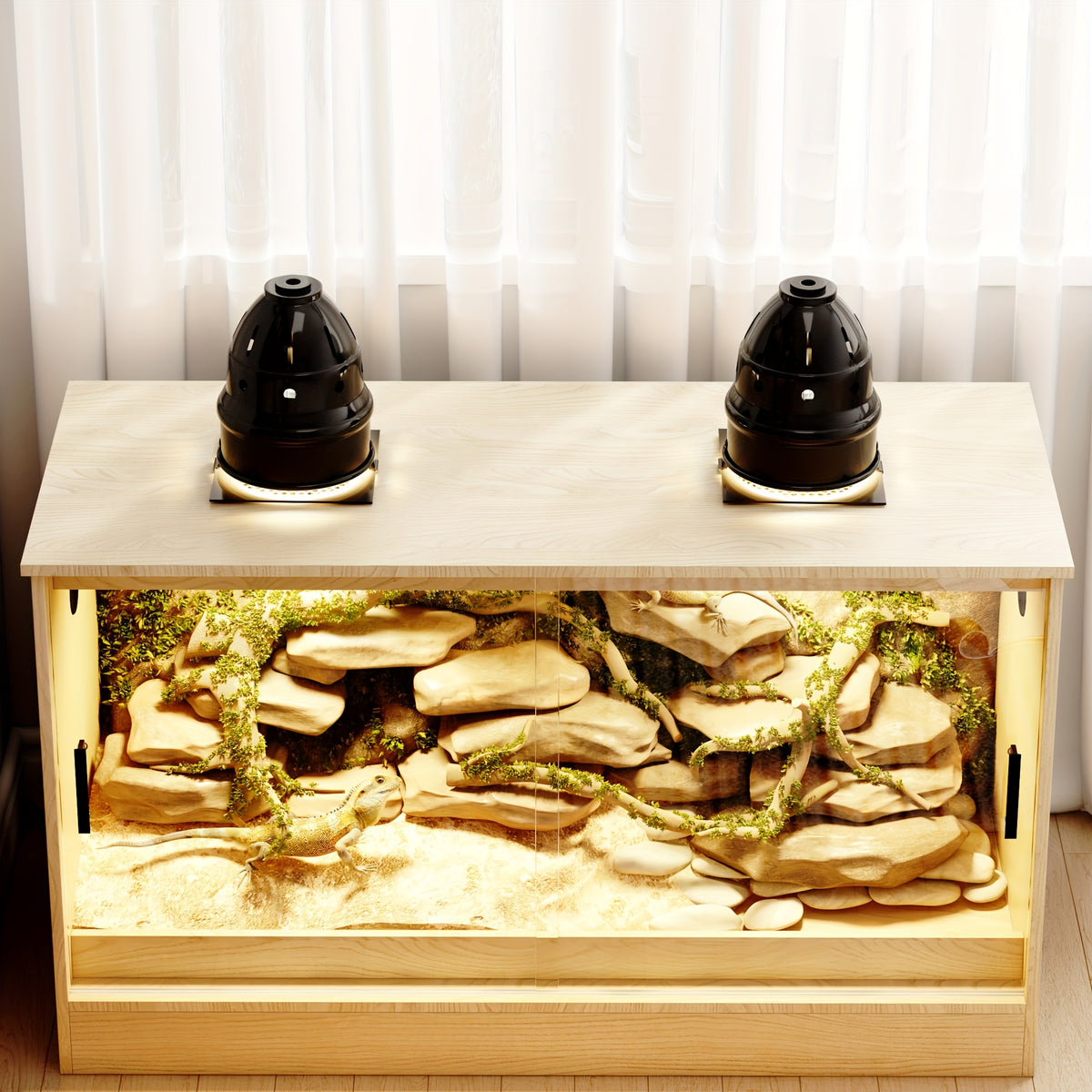 Large Reptile Enclosure with Sliding Glass Doors, Ventilated Terrarium Cabinet with Dual Air Vents, Easy Access Design, for Reptiles And Amphibians, Oak