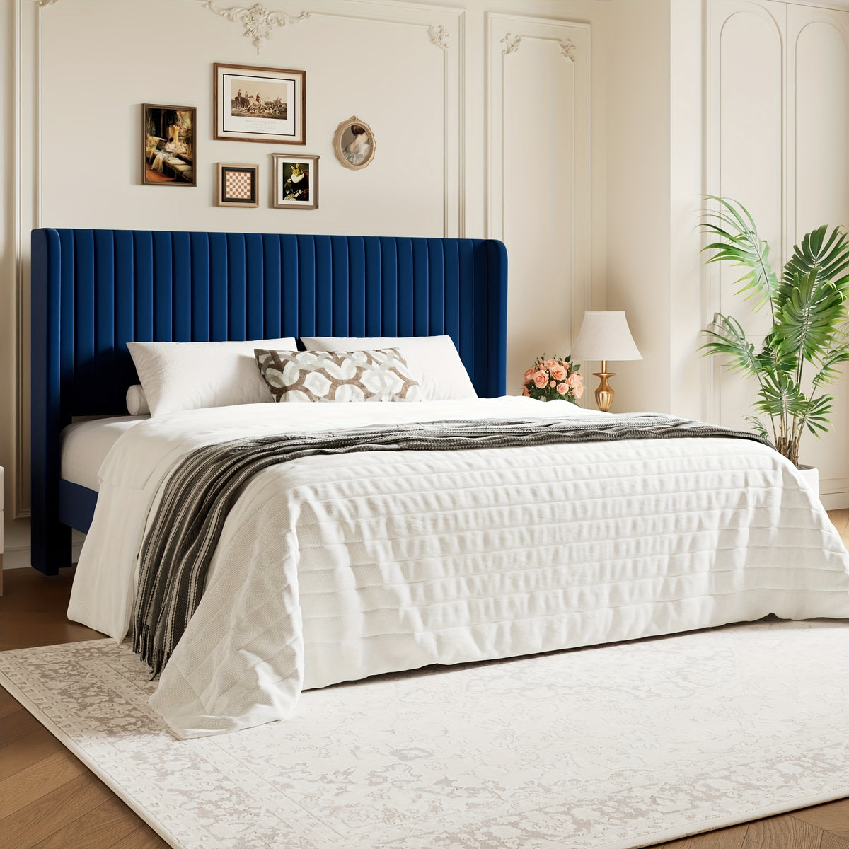 WEEWAY Wingback Velvet Upholstered Platform Bed Frame, Vertical Channel Tufted Headboard, Wooden Slats Support, Heavy Duty Mattress Foundation, No Box Spring Needed, Easy Assembly, Avabliable Full/Queen/King Size, Free Shipping
