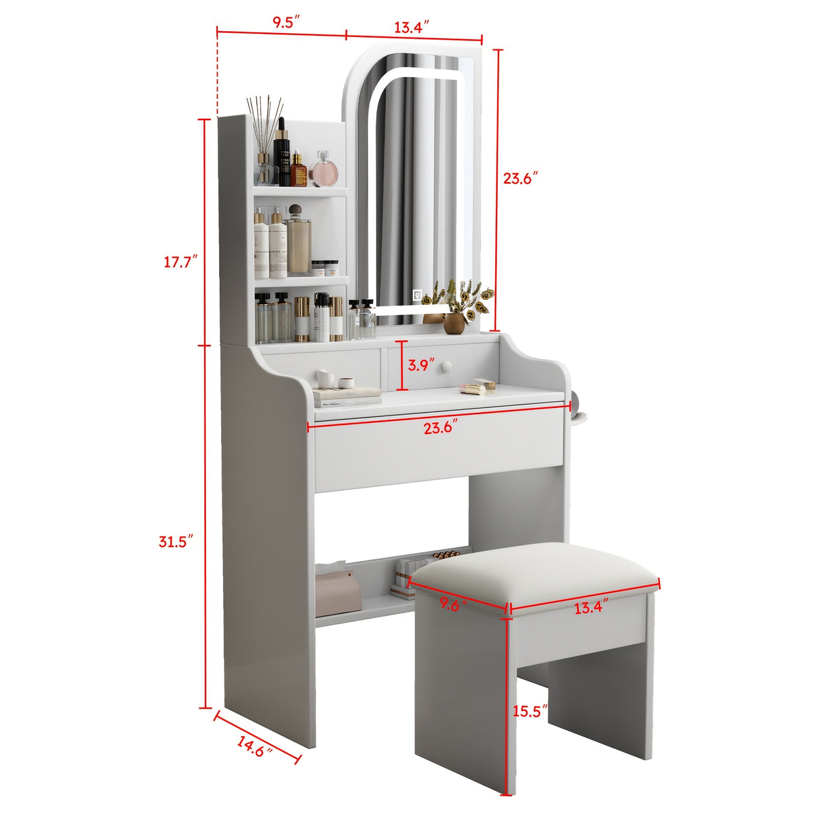 White Dressing Table with Sliding Mirror And Stool 4 Drawers Home High-End Bedroom Dressing Cabinet Integrated Small Apartment