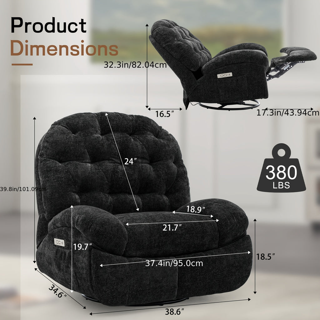 Living Room Swivel Recliner, Adult Electric Recliner with USB Ports and Side Pocket Storage, Comfortable Soft-shell Rocking Chair, Chenille Material Large-seat-width Recliner for the Living Room, Generously Wide Seating, a Fine Gift