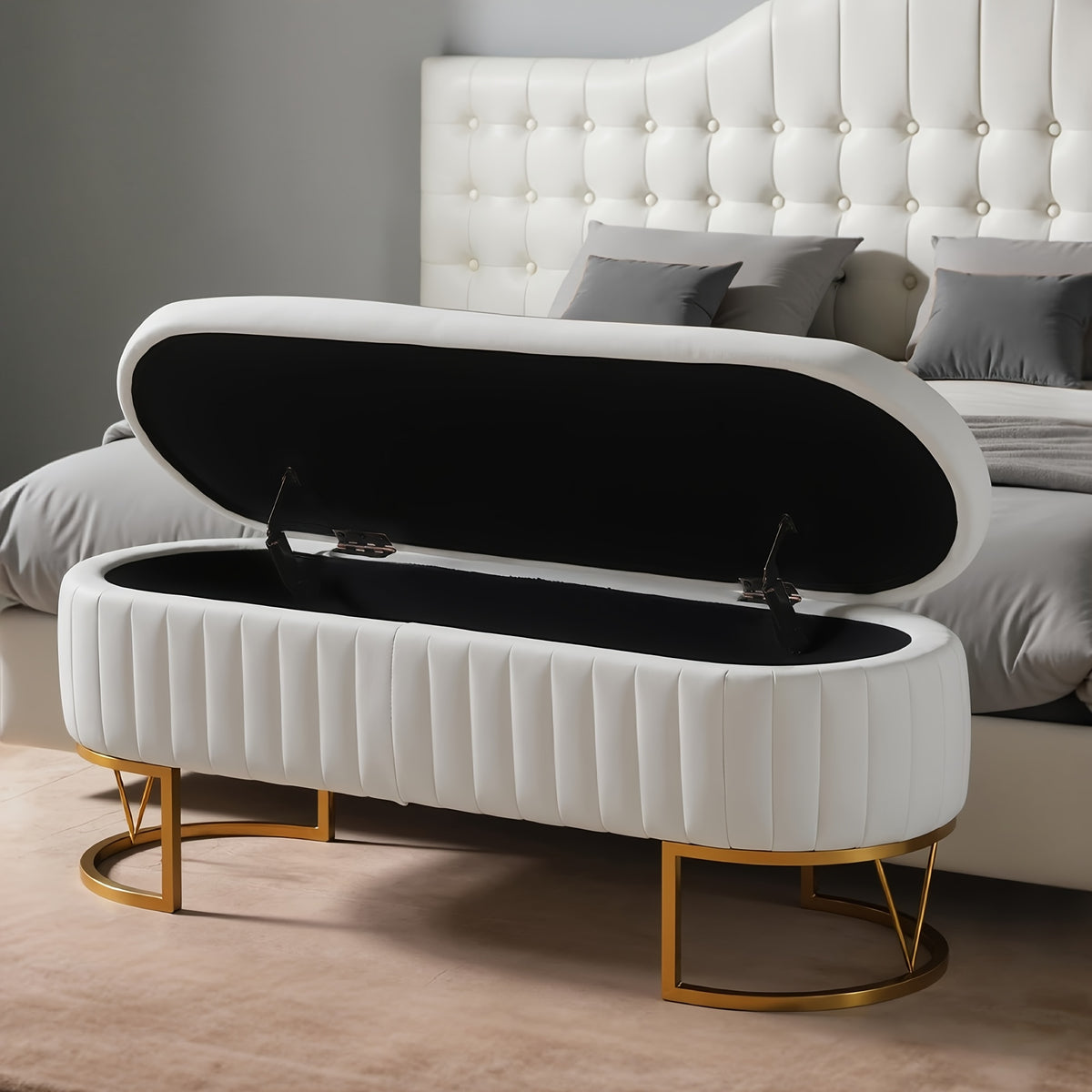 Modern 46”/46.5” (depending on orientation) Oval Velvet Storage Bench with Hinged-Lid Mechanism & Flip-Top Lid - Plush Upholstered Ottoman for End of Bed, Entryway, Living Room - Wood Frame & Luxury Design, Space-Saving Furniture (Standalone)