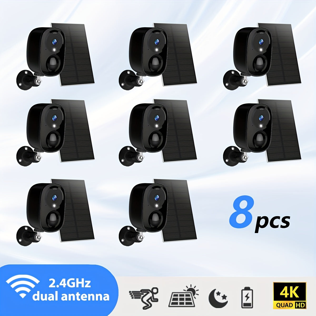 4pcs/6pcs/8pcs Black Solar Powered 4K Wireless Outdoor Security Surveillance Camera, Artificial Intelligence Motion Detection, Two-way Voice Call, Color And Infrared Night Vision,.