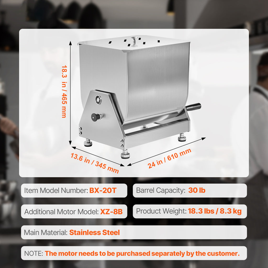 VEVOR Manual Meat Mixer 10L/20L/30L/40L Fixed Tank Mixing Max 60LB for Meat Sausage Mixer, Non-tiltable style/Tiltable style