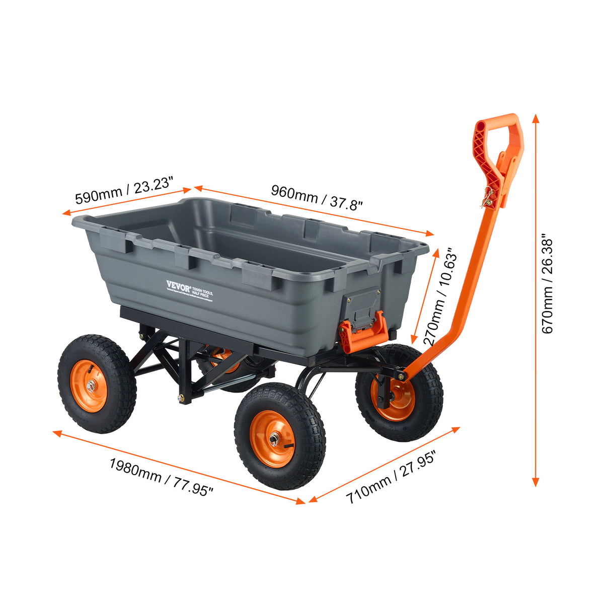 VEVOR Dump Cart, Poly Garden Dump Cart with Easy to Assemble Steel Frame, Dump Wagon with 2-in-1 Convertible Handle, Utility Wheelbarrow 1500 lbs Capacity, 13 inch Tires