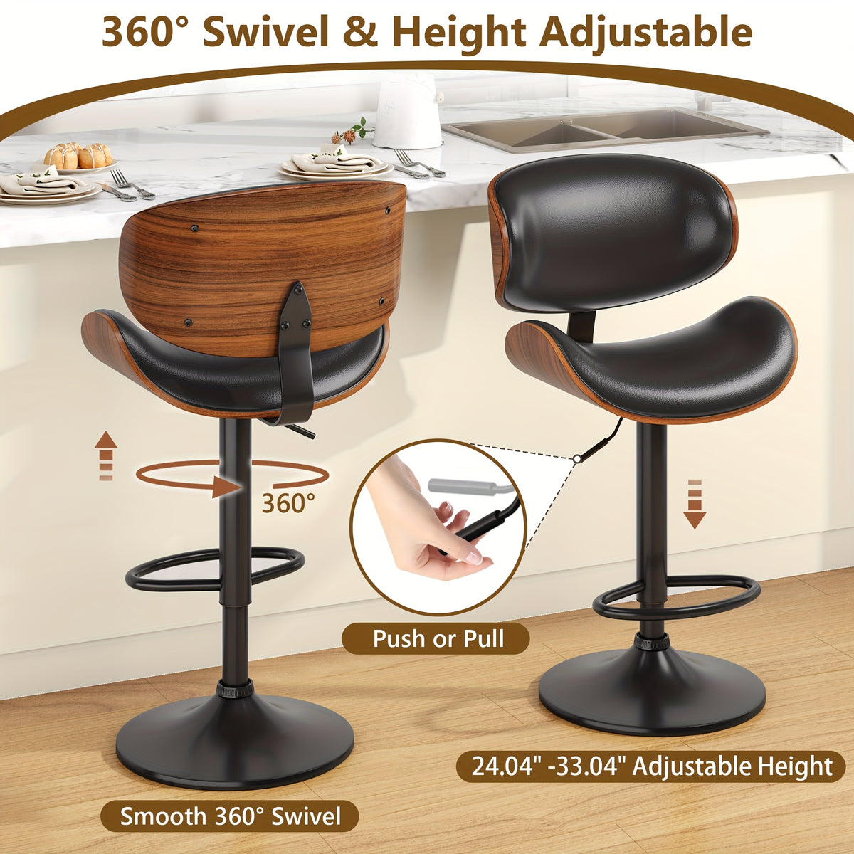 3pcs Modern Faux Leather Upholstered Bar Stools, 360° Swivel Adjustable Height with Backrests, Metal Tall Bar Stools Counter Height for Kitchen Island, Hydraulic Island Barstools