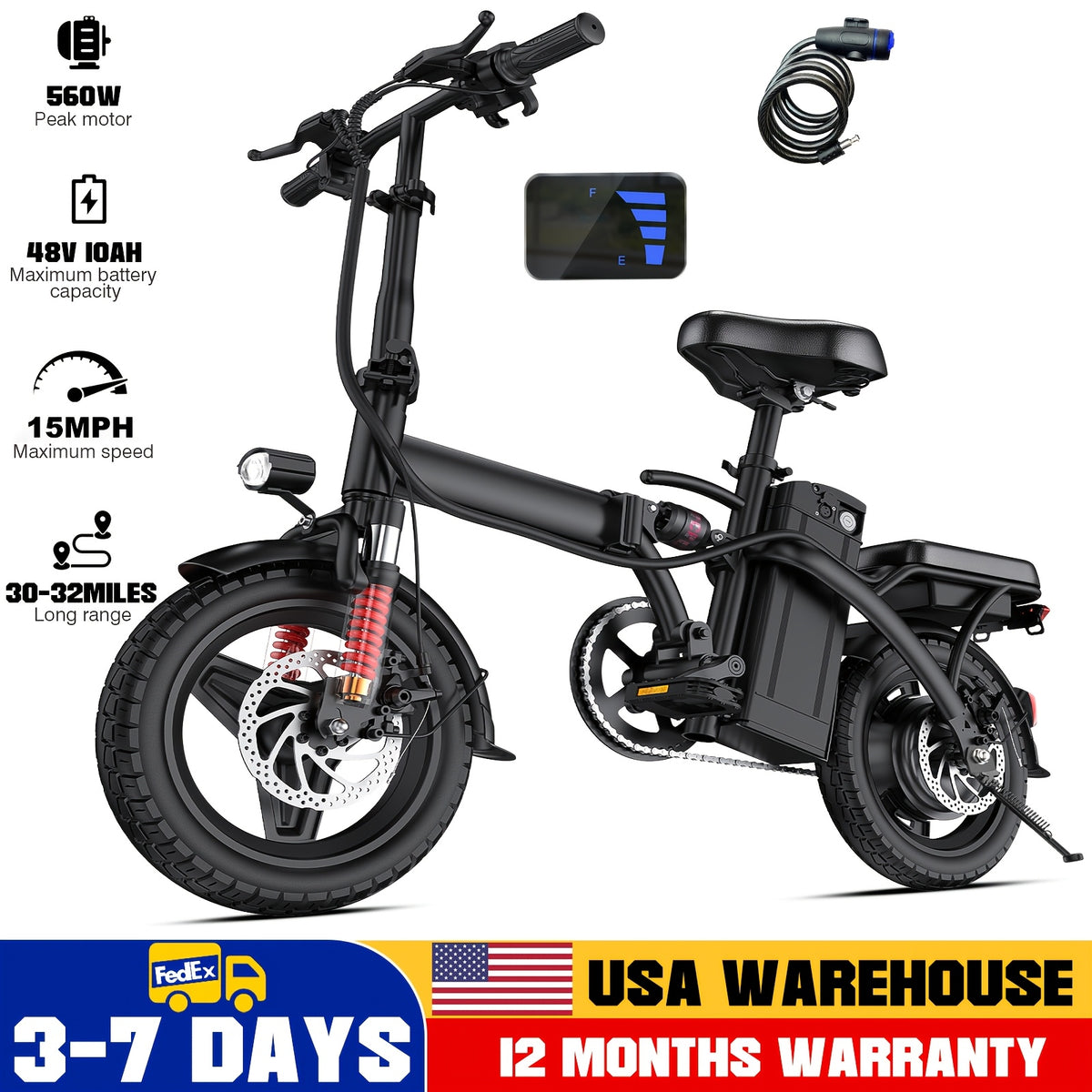 Adult And Adolescent Electric Bicycles, 560 Watt Motor, 10-24MPH, Range of 30-32 Miles, 48 Volt 10 Ampere Hour Battery, 3-Speed Assisted Riding, 14 Inch Foldable Electric Bicycle, Women'S Foldable Electric Bicycle