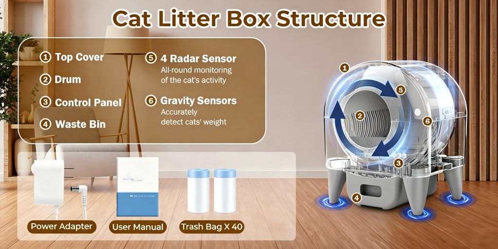 ECORUI Automatic Cat Litter Box, Self Cleaning Litter Box Large Capacity for Multiple Cats, App Control with Safety Sensors, Removable Washable Liner, 2 Rolls Garbage Bags, Grey, Refurbished, Without Battery