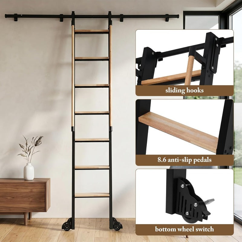 Rolling Library Ladder with 6.6' Slide Rails, 96' Roller Ladder with Wheels And Handrails, Space Saving Rail Mount Ladder for Bookshelf, Loft, Closet, Home