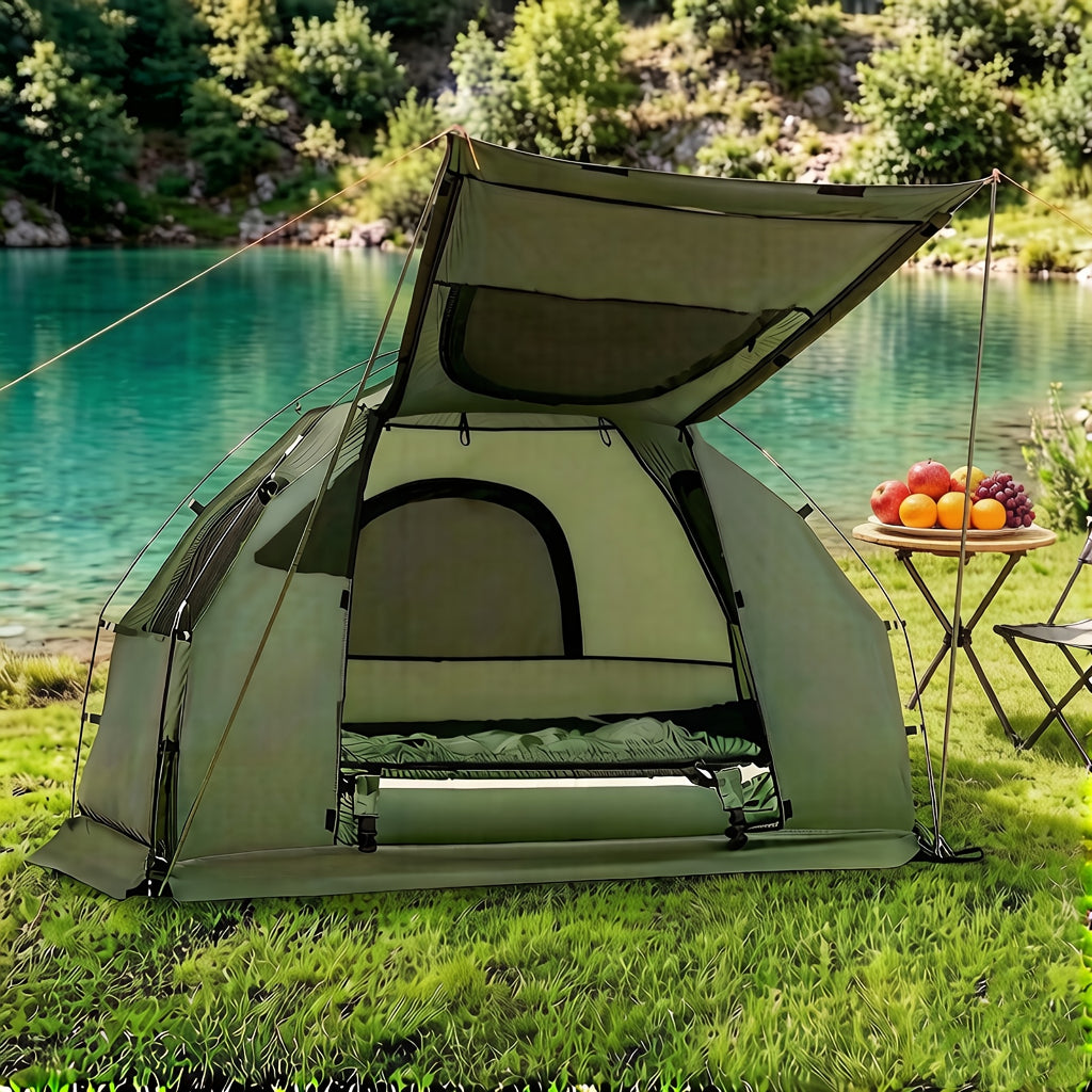 MULTIGOT Outdoor Foldable Camping Tent Cot, 5-In-1 Elevated Camping Tent W/ Sleeping Bag, Air Mattress, Pillow, Sunshade, Portable Single Sleeping Cot W/ Carry Bag for Hiking, Travel, Picnic