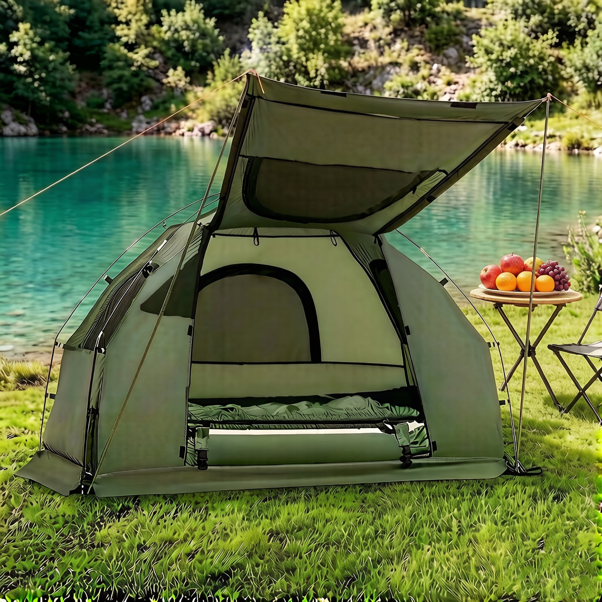MULTIGOT Outdoor Foldable Camping Tent Cot, 5-In-1 Elevated Camping Tent W/ Sleeping Bag, Air Mattress, Pillow, Sunshade, Portable Single Sleeping Cot W/ Carry Bag for Hiking, Travel, Picnic