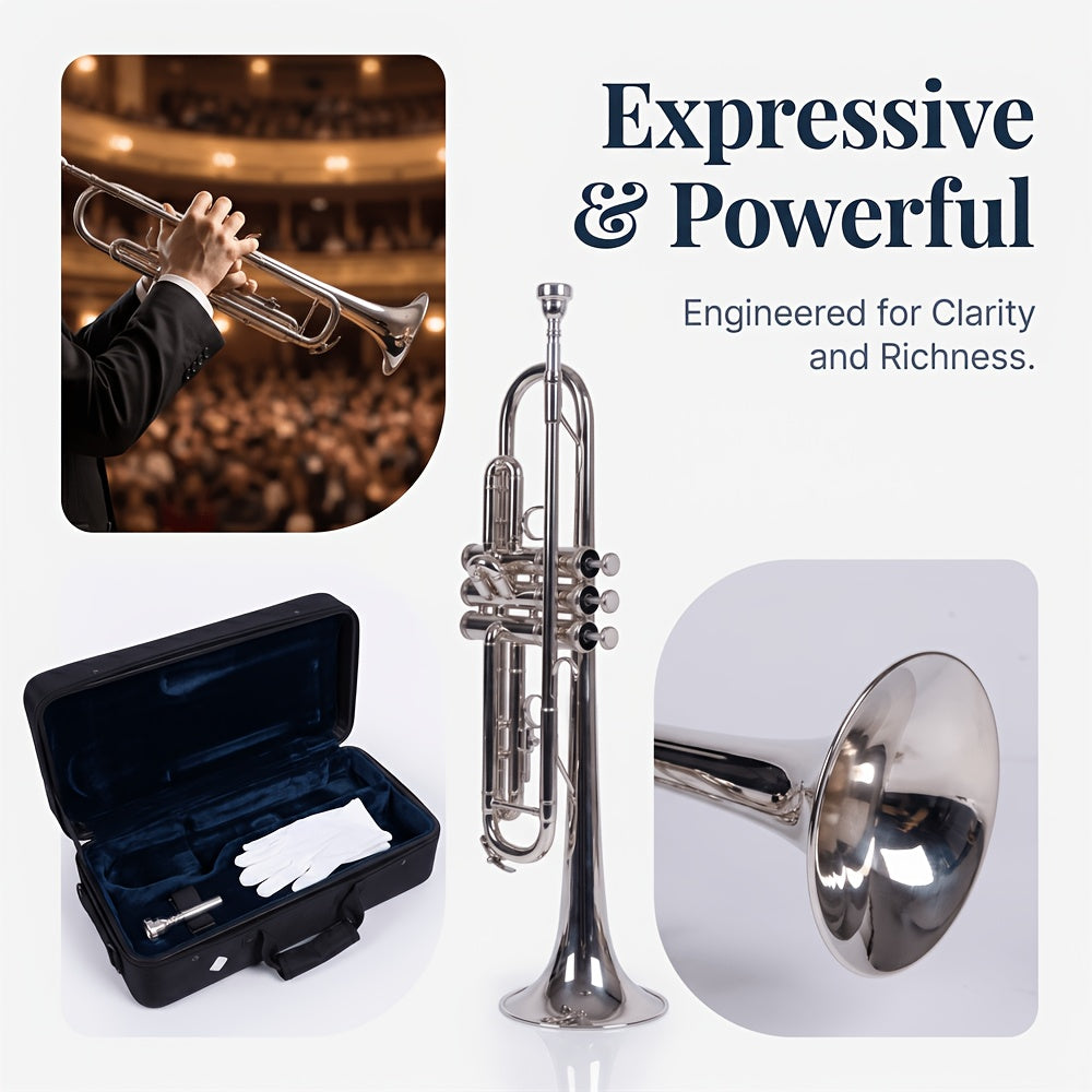 B Flat Silvery Bb Trumpet for Concert Band with Case