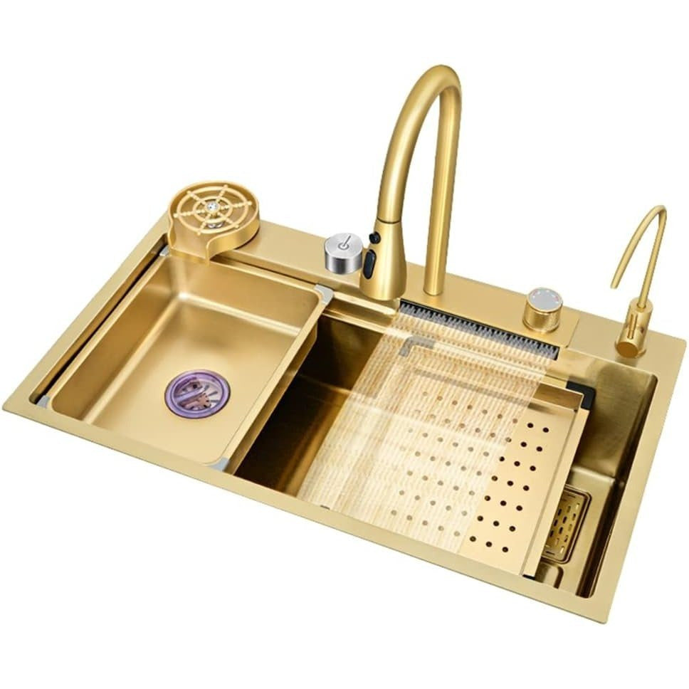 33x22 INCH Gold Flying Rain Drop In Stainless Steel Watefall Kitchen Sink Single Bowl with Pull Down Faucet Set