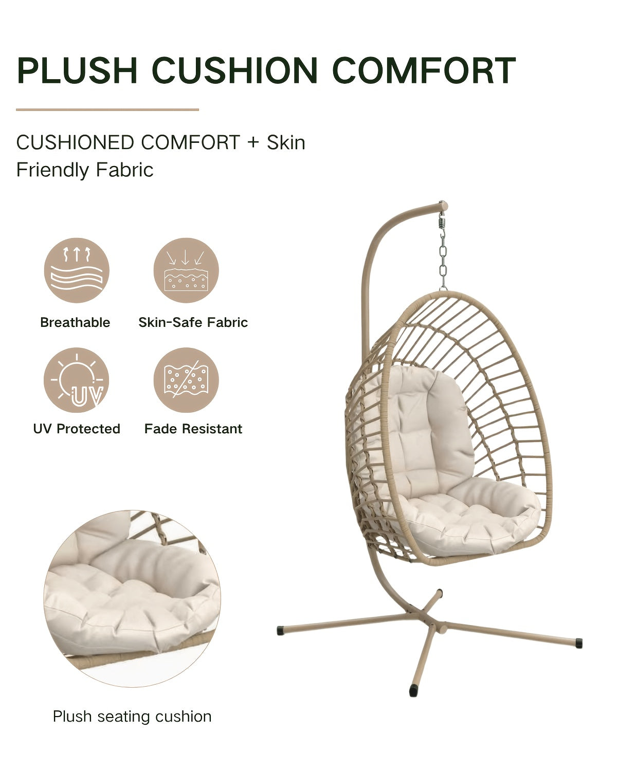 Hanging Egg Chair with Stand Only for Outdoor, Foldable Rattan Wicker Hammock Egg Swing Chair for Porch Patio Garden, 350LBS Capacity, Beige