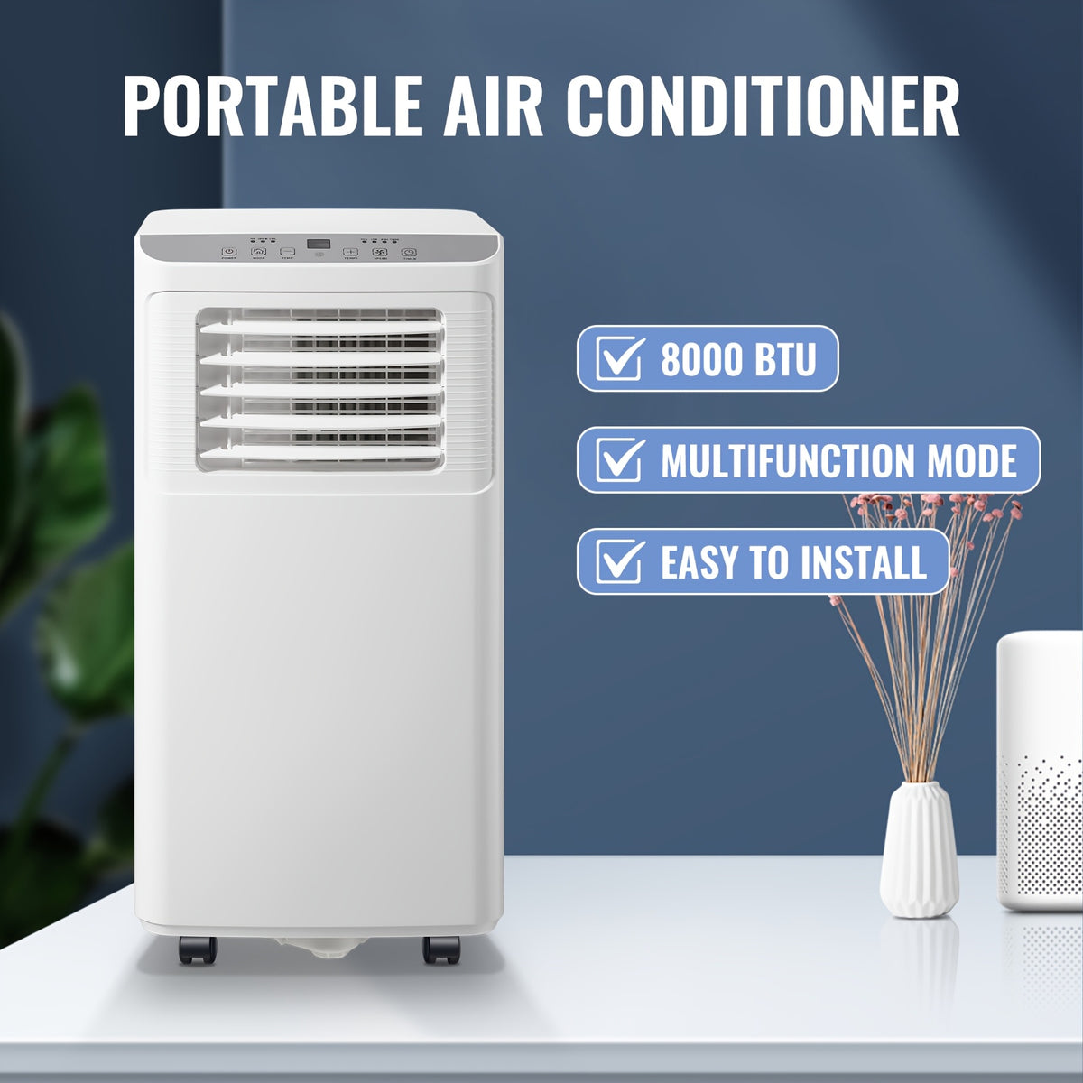 Portable Air Conditioner 8000 BTU(4400 BTU SACC), AC Unit with Dehumidifier Fan 3-in-1. Ft. Portable AC with Remote Control, 24H Timer, Digital Display,40dB Low Noise for Bedroom, Living Room, Dorms, Office