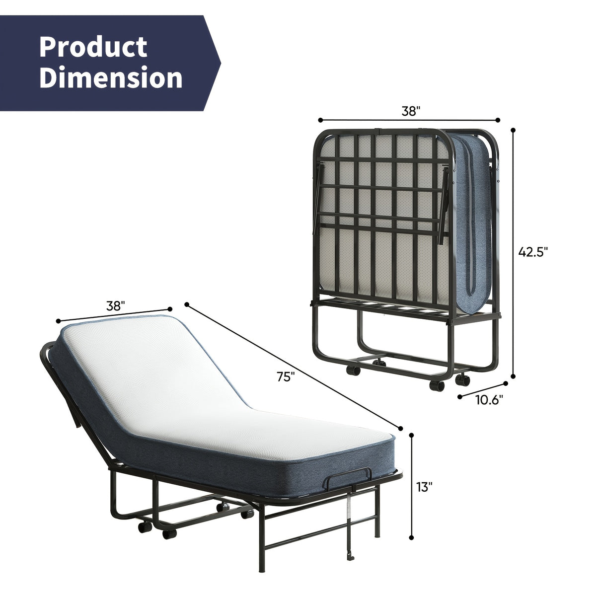 38In/31In Folding Bed with Foam Mattress Rollaway Bed, Space-Saving Guest Bed with Headboard, Portable Foldable Extra Bed for Adults with Sturdy Metal Frame