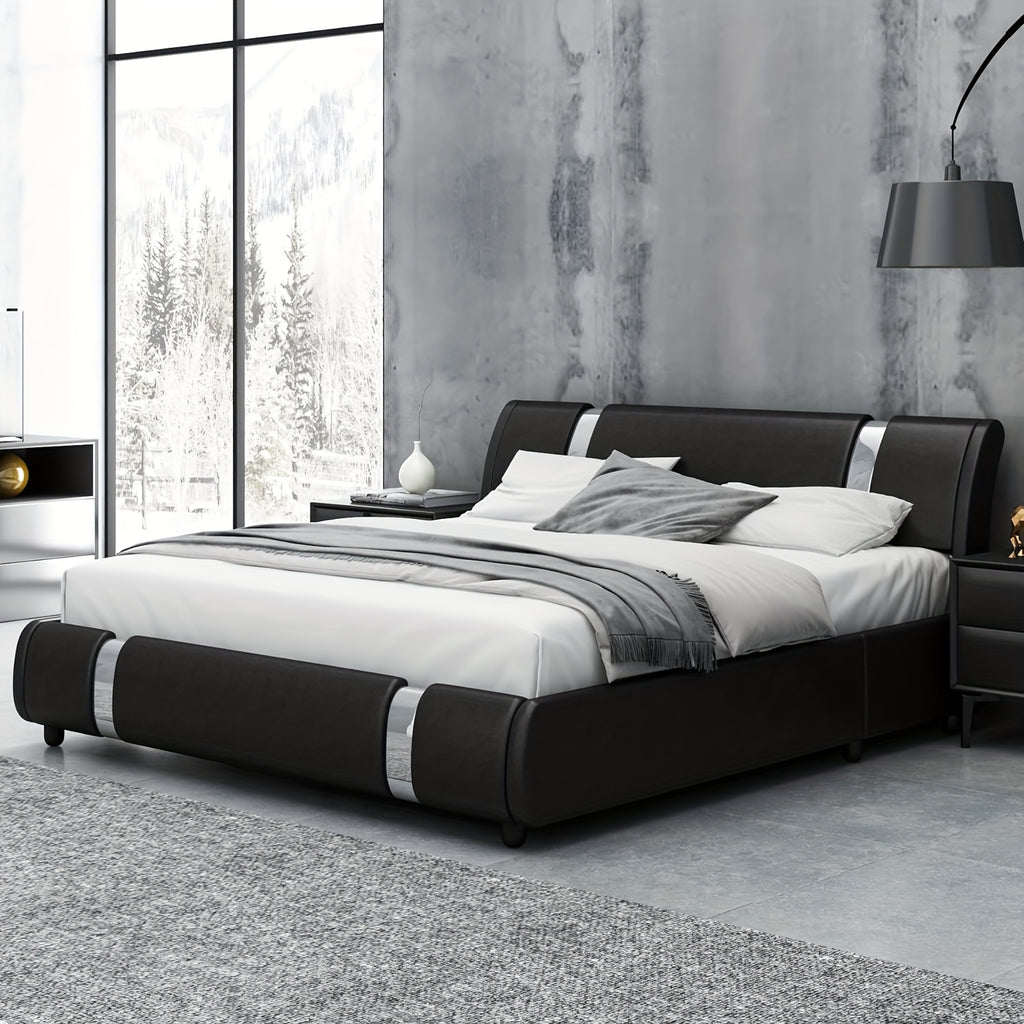 Contemporary Platform Bed Frame Made of Faux Leather, Featuring Iron Metal Accents, an Adjustable Headboard, And Wooden Slats for Support, Eliminating The Need for a Box Spring