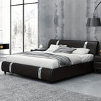 Contemporary Platform Bed Frame Made of Faux Leather, Featuring Iron Metal Accents, an Adjustable Headboard, And Wooden Slats for Support, Eliminating The Need for a Box Spring