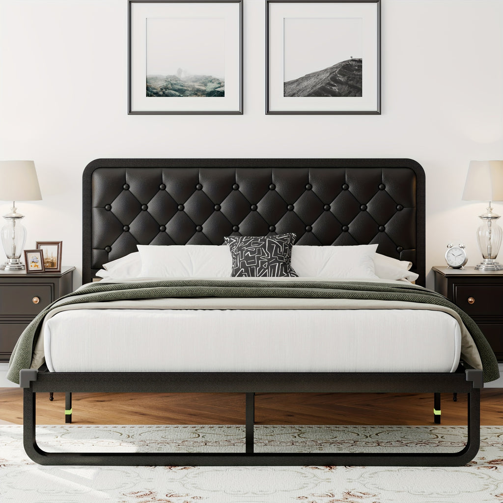 Sturdy Platform Bed Frame Featuring a Button-Tufted Headboard in Black Faux Leather Or Dark Grey Linen, Offering 12 Inches of Storage Space