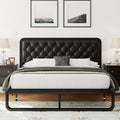 Sturdy Platform Bed Frame Featuring a Button-Tufted Headboard in Black Faux Leather Or Dark Grey Linen, Offering 12 Inches of Storage Space