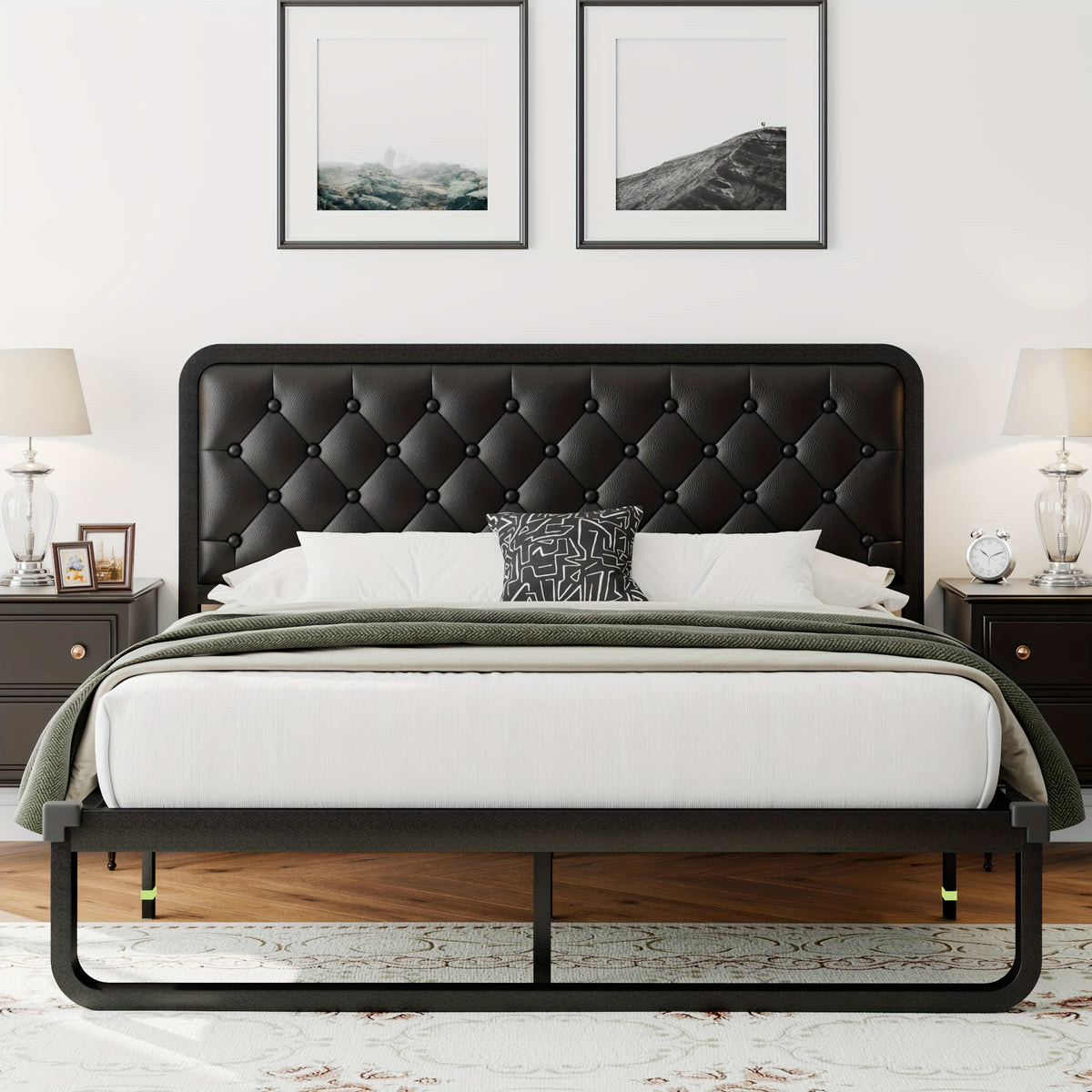 Sturdy Platform Bed Frame Featuring a Button-Tufted Headboard in Black Faux Leather Or Dark Grey Linen, Offering 12 Inches of Storage Space