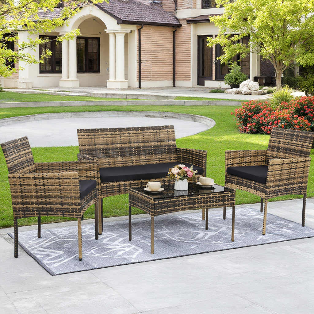 KROFEM 4pcs Bistro Conversation Rattan Furniture Set, Designed for Casual Worry Free Outdoor Living, Premium Quality Sofa, 2 Chairs And Sofa Loveseat with Cushions Plus Glass Top Coffee Table, for Patio, Porch, Or Balcony