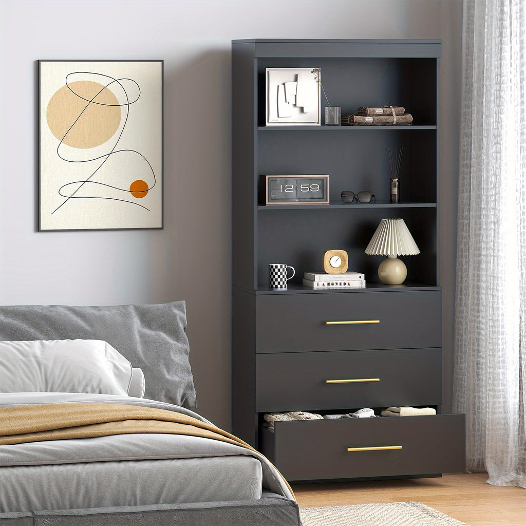 Tall Bookshelf for Home Office or Living Room, 71-Inch Design with Three Drawers for Display and Hidden Storage