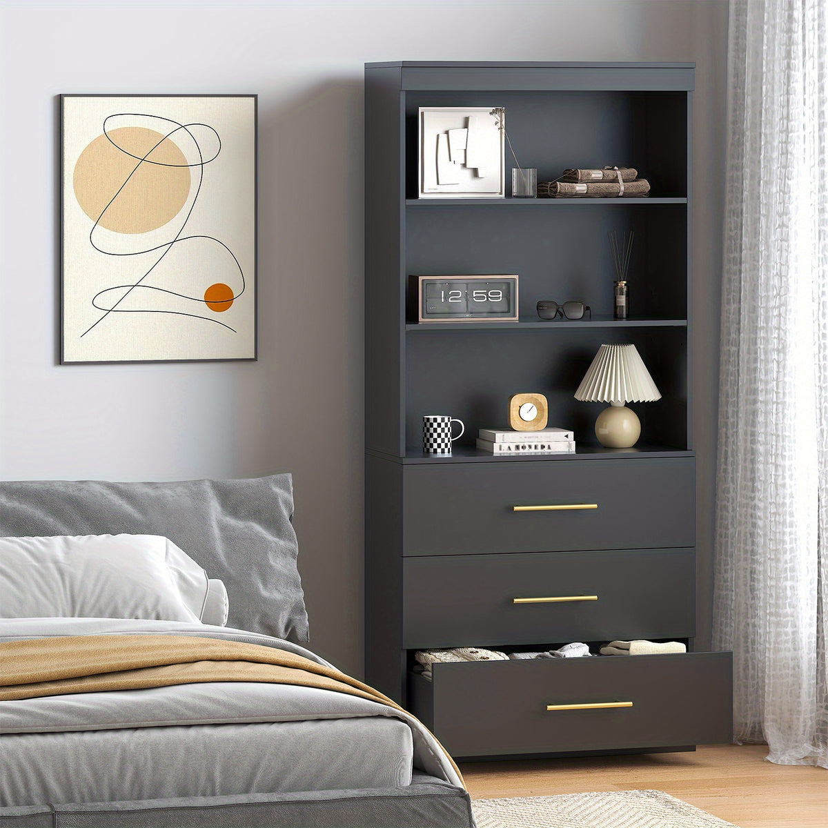 71" Black 3-Tier Bookshelf with Drawers & Open Shelves - Freestanding Tall Storage Cabinet for Home Office, Living Room, Study - Easy Assembly, No Power Needed, Bookcase Furniture, Modern Aesthetic, Sturdy Construction, Minimalist Design, Durable Material