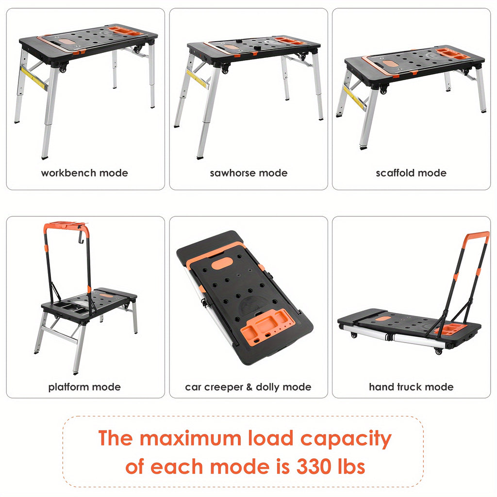 7in 1 Multifunctional Work Benches with Power Outlet, Folding Work Table for Garage, As Portable Workbench, Sawhorse, Scaffold, Platform, Car Creeper, Dolly And Hand Truck, with 4 Wheels, Requires No Assembly