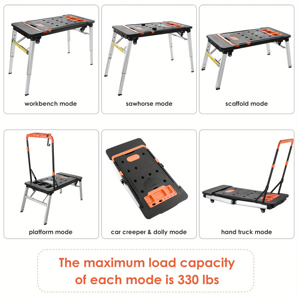 7in 1 Multifunctional Work Benches with Power Outlet, Folding Work Table for Garage, As Portable Workbench, Sawhorse, Scaffold, Platform, Car Creeper, Dolly And Hand Truck, with 4 Wheels, Requires No Assembly