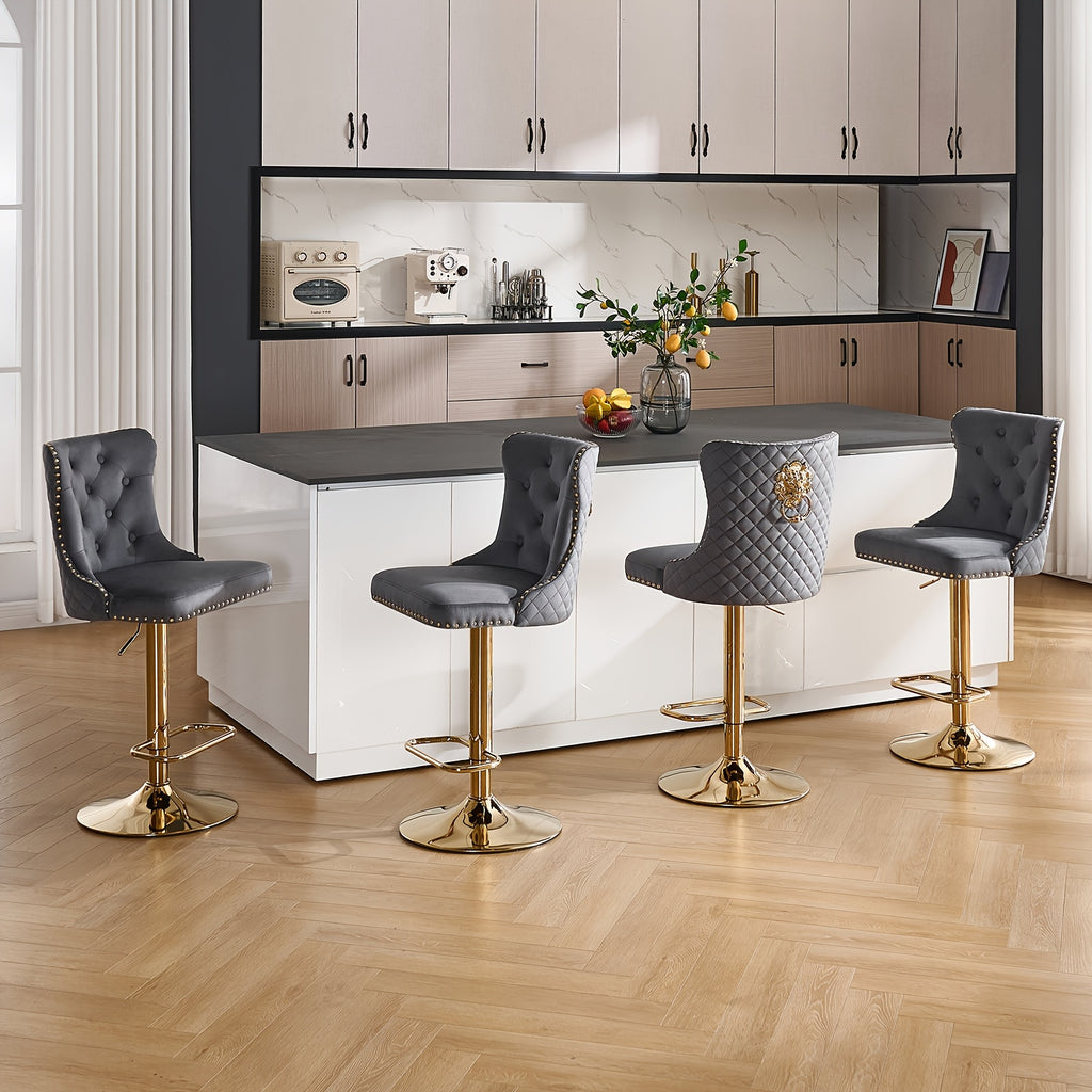 DMKAI Golden Lion Head Velvet Bar Stools Set Of 2, Luxury Diamond Tufted High Back, Adjustable Height 360° Swivel with Golden Base for Kitchen Island Home Bar
