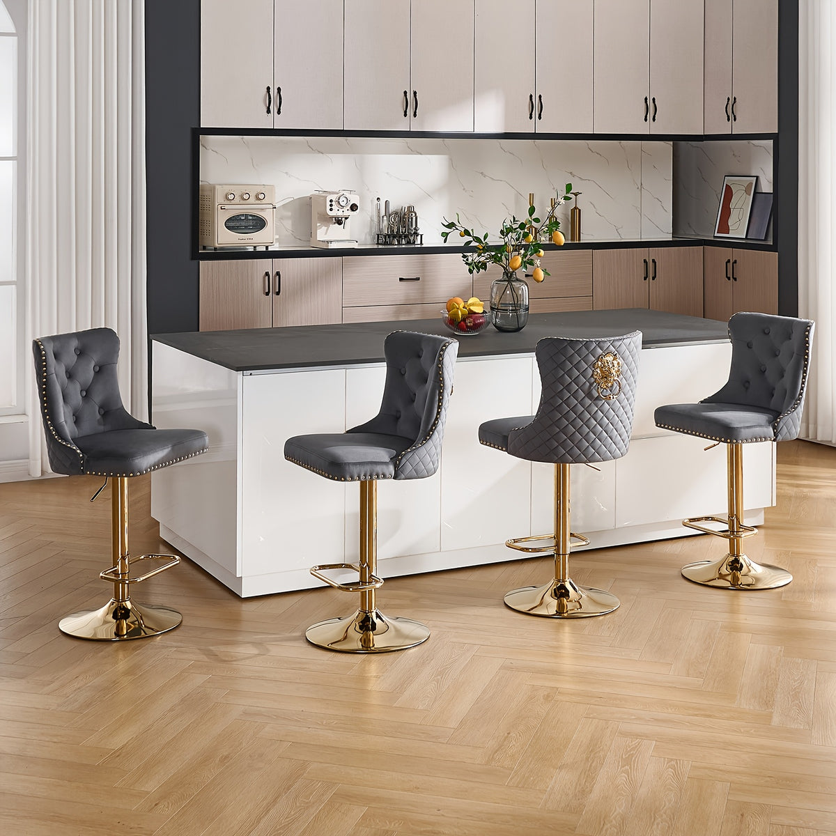 DMKAI Golden Lion Head Velvet Bar Stools Set Of 2, Luxury Diamond Tufted High Back, Adjustable Height 360° Swivel with Golden Base for Kitchen Island Home Bar
