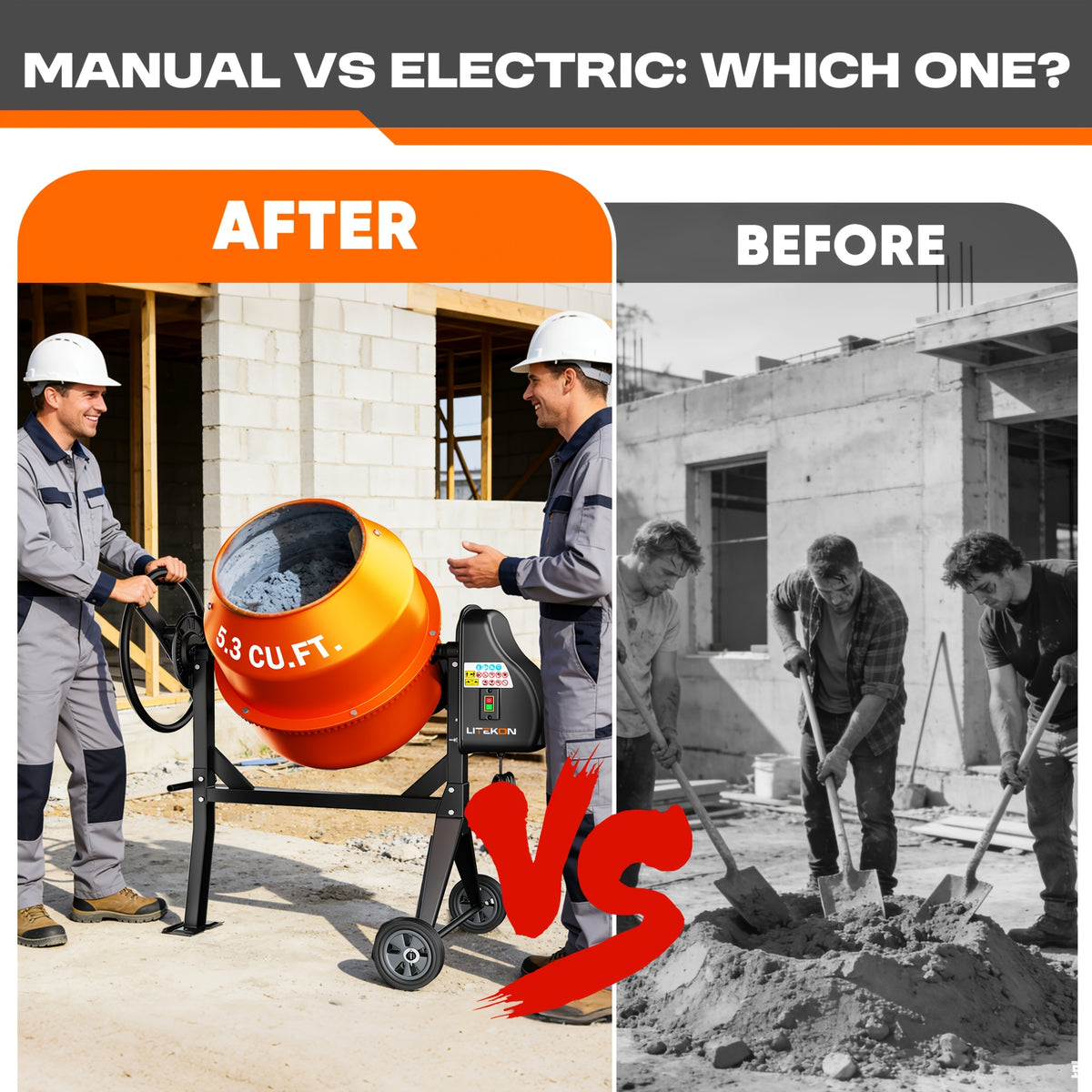 Electric Concrete Mixer with Wheels in 4.3 or 5.3 Cubic Feet for Cement and Mortar Mixing Jobs