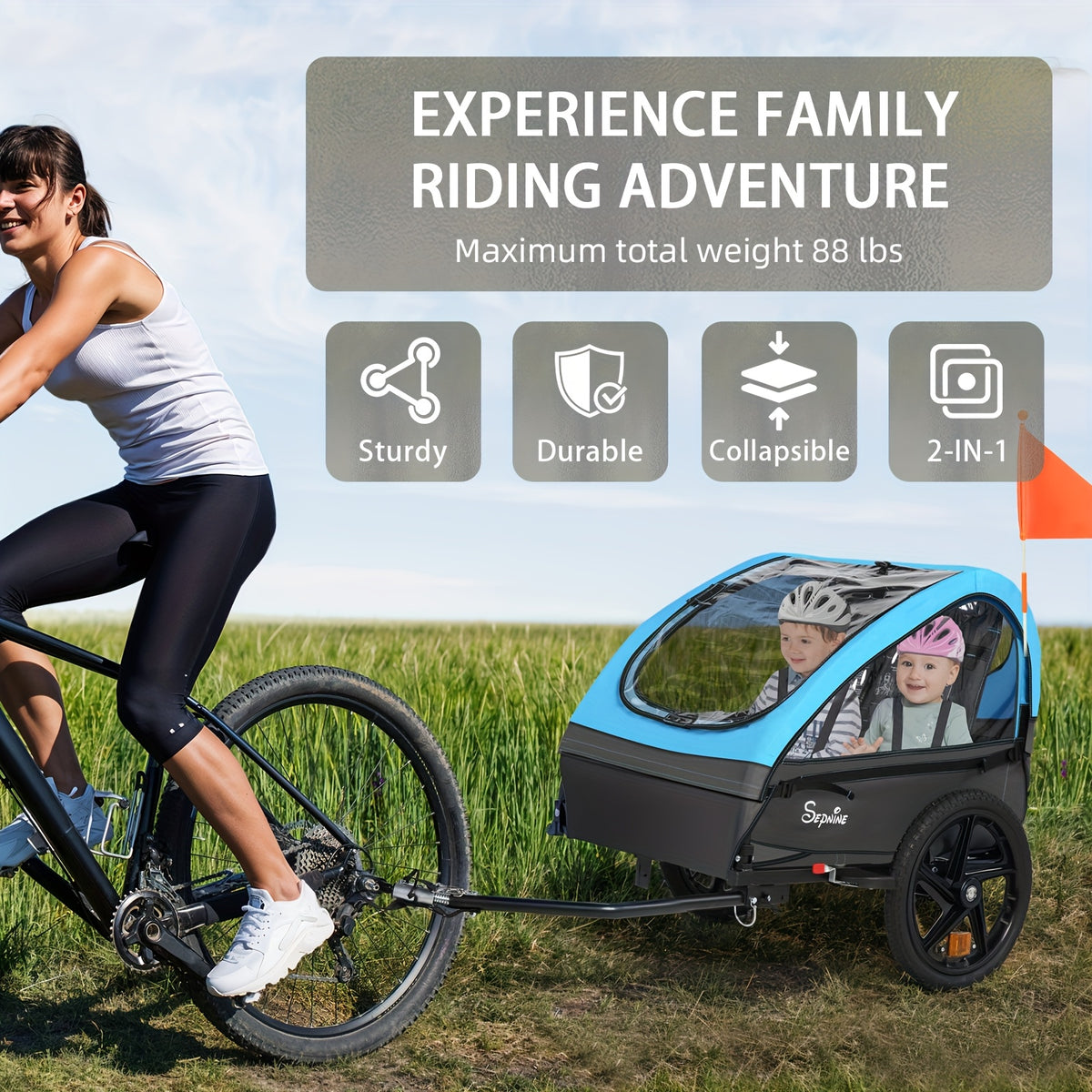 MOJAY Bike Trailer for Kids, 2in 1 Canopy Carrier Converts to Stroller Suitable for 1 to 2 Kids, 12+ Months, Quick Attach to Bike, Foldable, with 5-Point Harness And Storage Bags