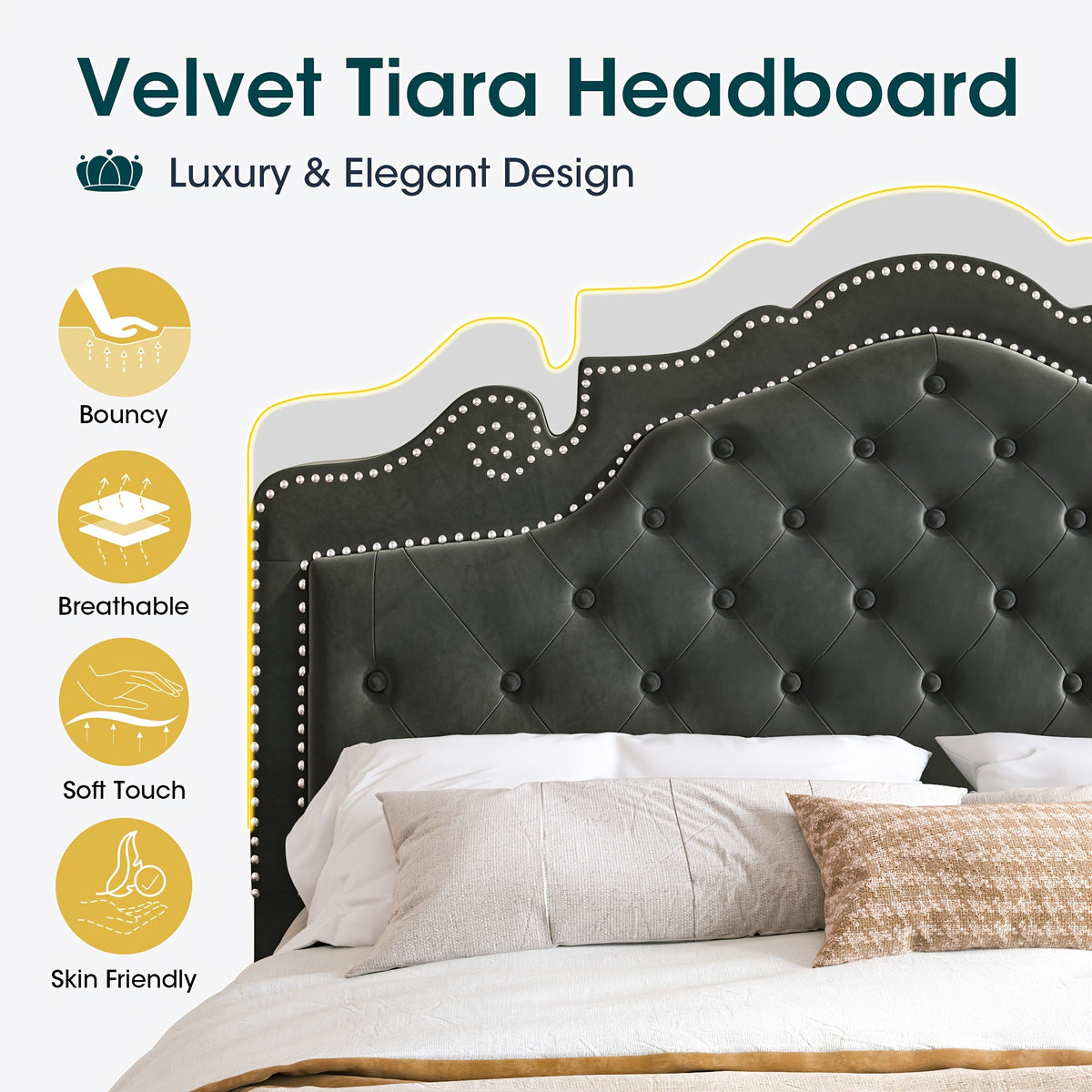 WEEWAY Full/Queen/King Bed Frame with Velvet Adjustable Tiara Curved Headboard And High Resilience, Upholstered Diamond Button Tufted Platform Bed with Wood Slats/No Box Spring Needed/Noise Free/Black/Dark Grey