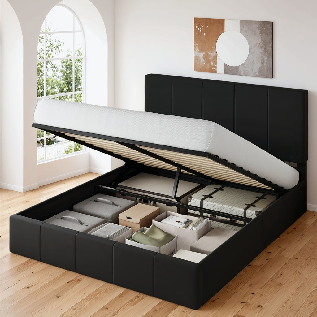 WEEWAY Lift Up Storage Bed, Modern Velvet Upholstered Headboard, Hydraulic Platform Bed, Wooden Slats Support, Heavy Duty Mattress Foundation, No Box Spring Needed, Easy Assembly, Full/Queen/King Size, for House Bedroom Furniture, Free Shipping