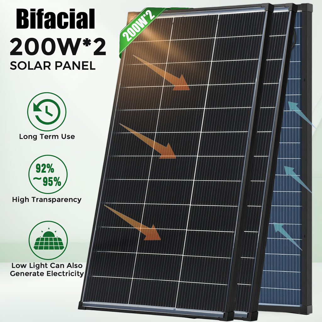 400W/200W Bifacial Solar Panel, 25.5% High-efficiency Monocrystalline, 2 X 200W 12V Solar Modules, Suitable For Farmhouses Roofs, Campers And Other Off-grid Systems N-Type Solar Battery Charging Home Off-Grid, Without Battery
