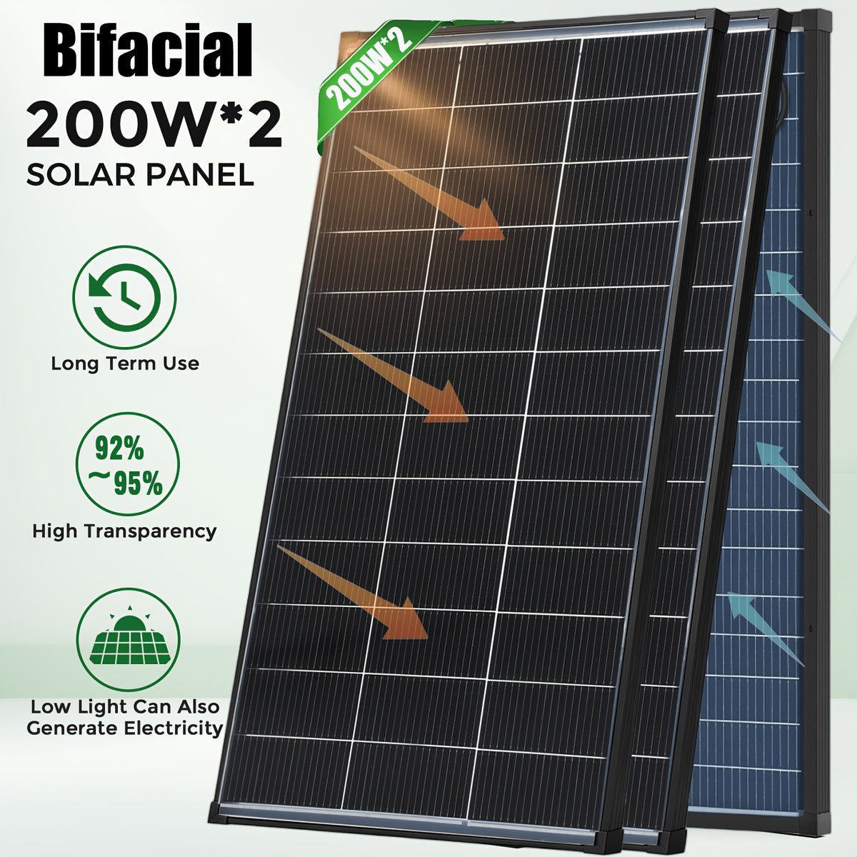 400W/200W Bifacial Solar Panel, 25.5% High-efficiency Monocrystalline, 2 X 200W 12V Solar Modules, Suitable For Farmhouses Roofs, Campers And Other Off-grid Systems N-Type Solar Battery Charging Home Off-Grid, Without Battery