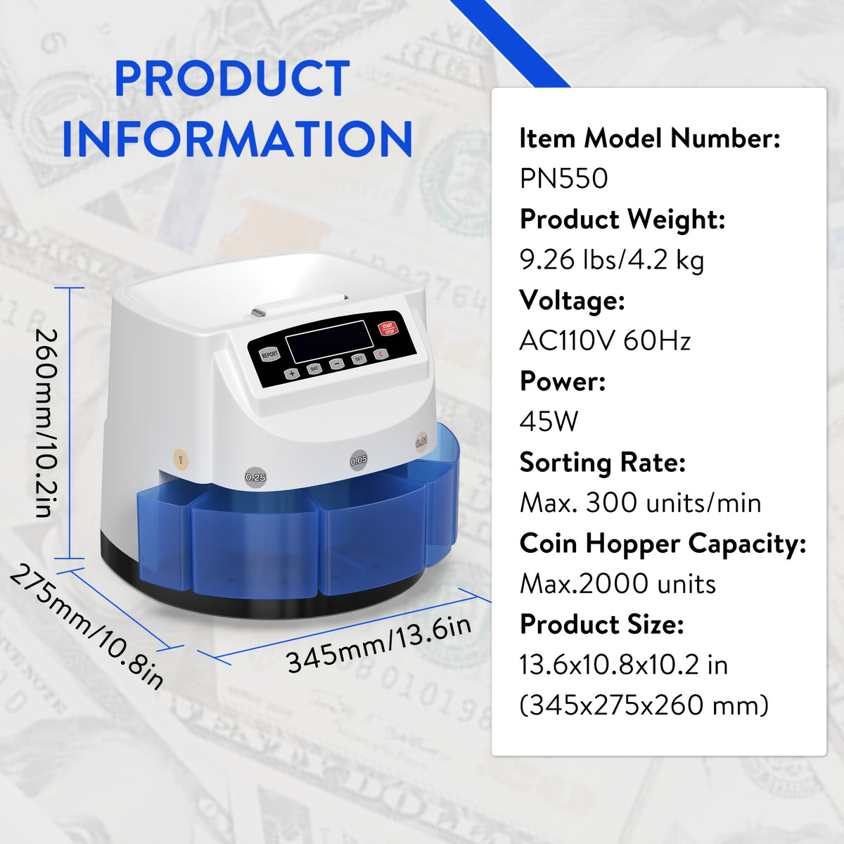 Coin Counter Machine Sorter, Change and Wrapper Roller Counting Organizer, Sorts up to 300 Coins Per Minute, Automatically Sorts and Batches, Office Supplies