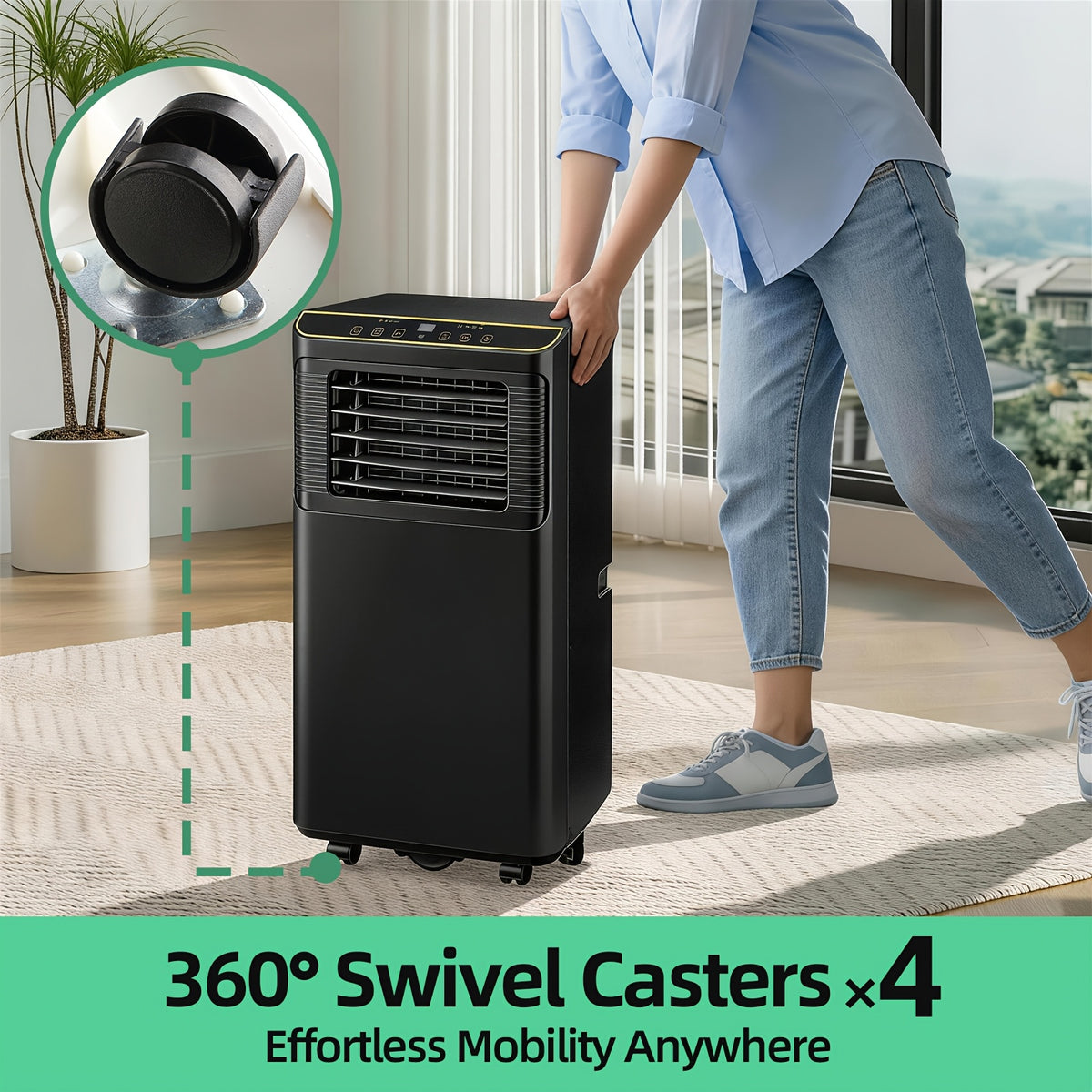 Portable Air Conditioner 4-In-1 Mobile AC Unit with Dehumidifier, Cooling Fan, Sleep, Remote, 24H Timer, Window Installation Kit, Black/White/Black & White