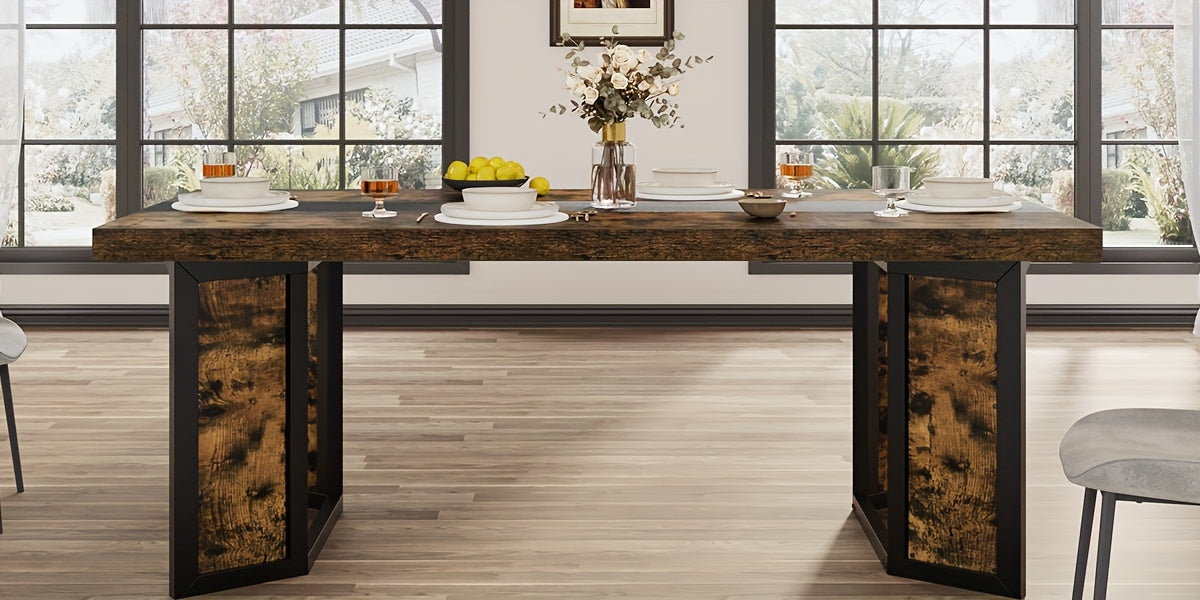 A Spacious Industrial Dining Table Designed for 6 to 8 Individuals, Measuring 71 Inches, Featuring a Robust Metal Frame And a Rustic Brown End, Perfect for Dining Rooms, Kitchens, Or Living Areas