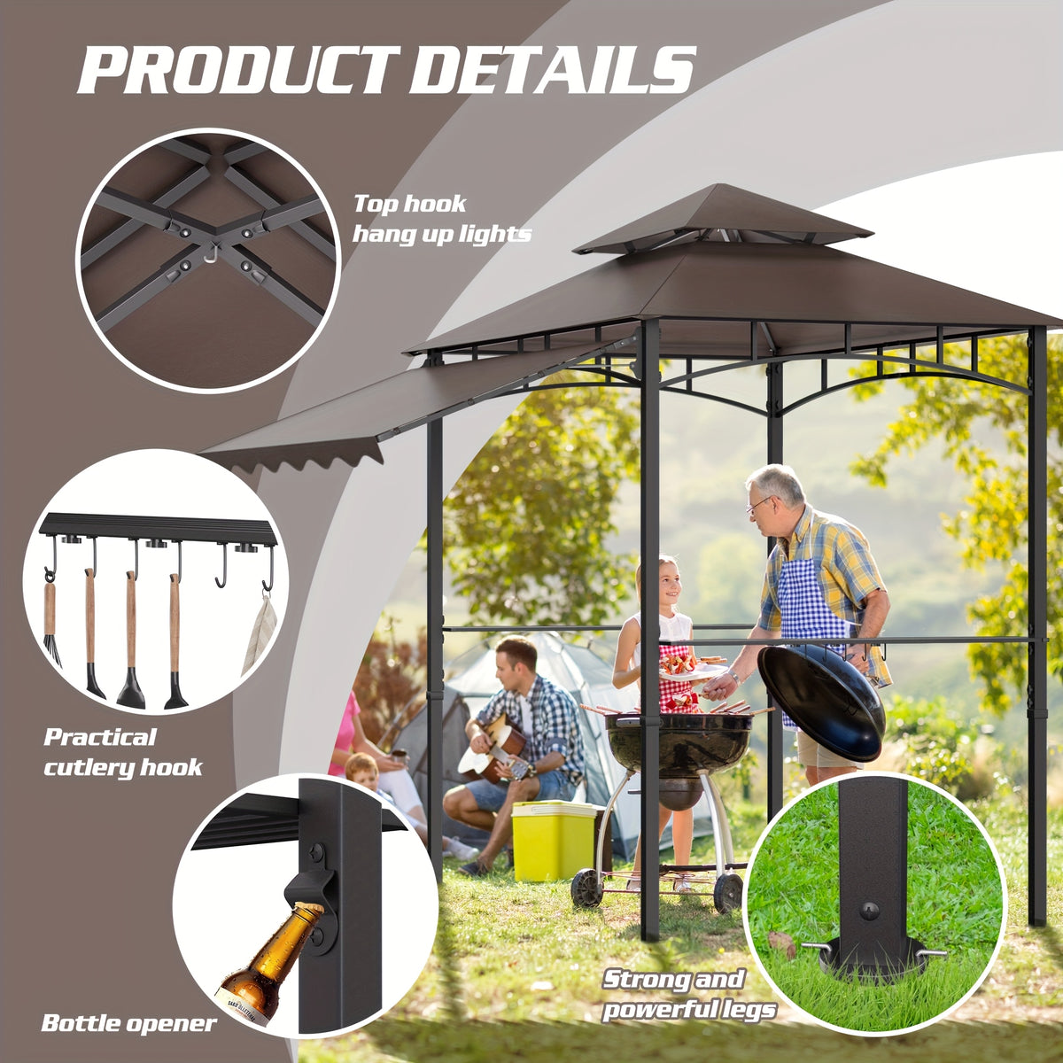 8'X7.8' Grill Gazebo Canopy - Sturdy Steel Structure, Two-Tiered Canopy for Outdoor Grilling with Shelves, Ceiling Hooks, And Ground Stakes, Outdoor Patio Canopy Tent BBQ Gazebo for Your Backyard