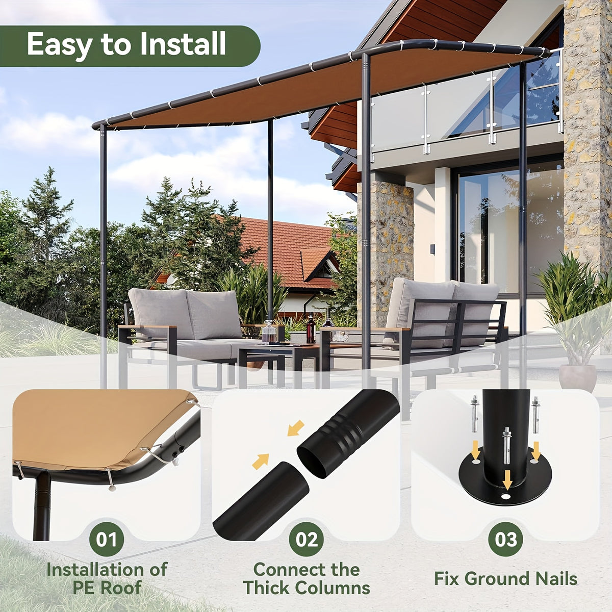 8X5FT/10x6FT/12x10FT Lean-to Gazebo Pergola - Wall Mounted Outdoor Canopy With Sloped Roof, Water And UV Resistant Awning For Patio, Deck, Backyard, Garden, Khaki