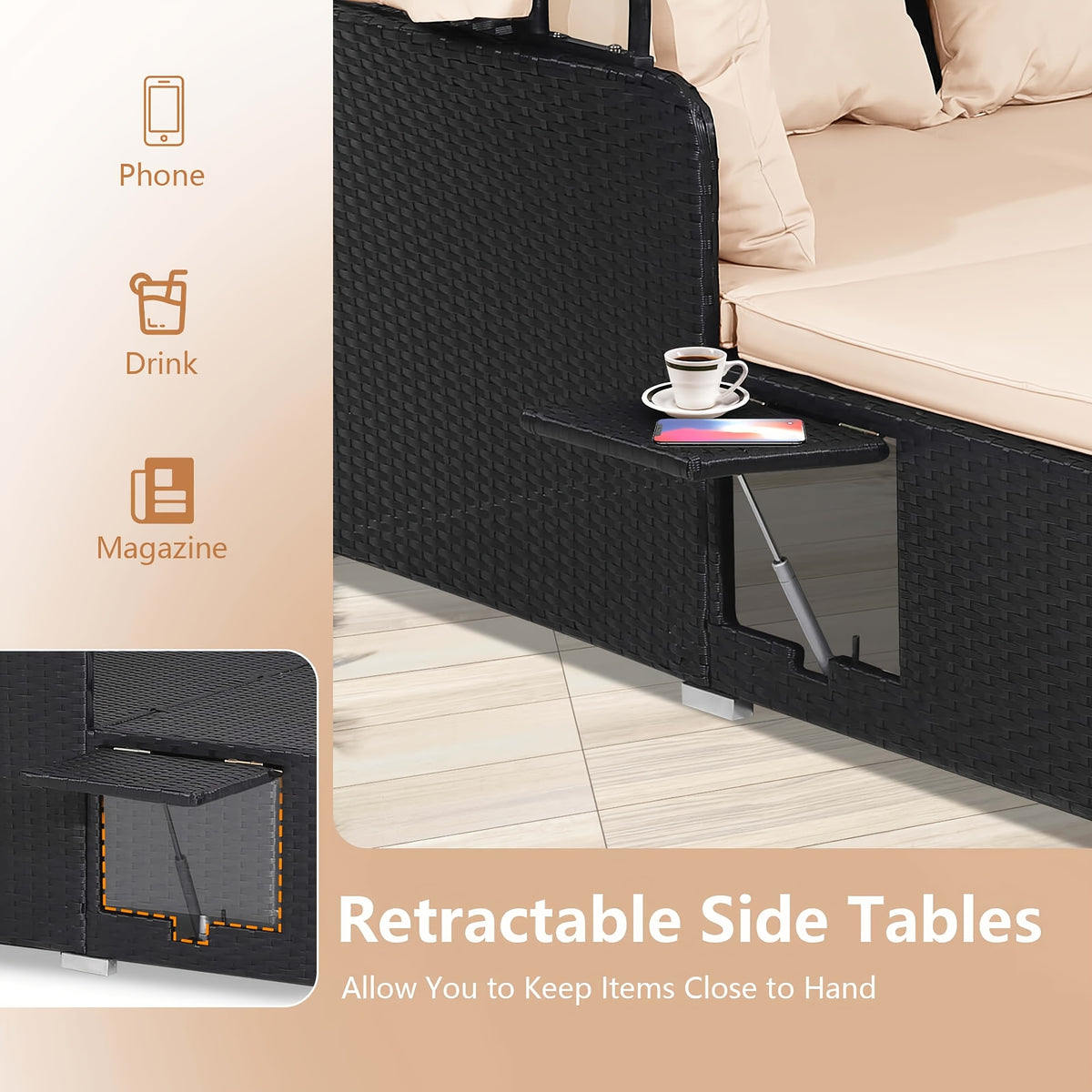 COSTWAY Patio Rattan Daybed Lounge Retractable Top Canopy Side Tables Cushions Gray.
