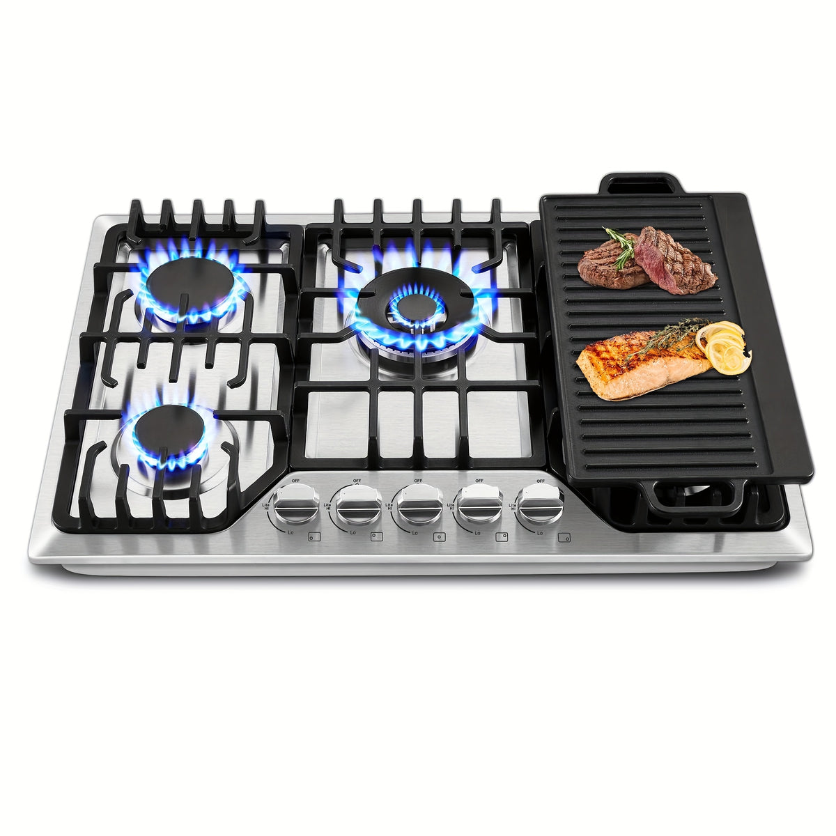 Bulit-In Gas Cooktop 30 Inch with Griddle, 5 Italy SABAF Powerful Burners, Max 48300 BTU Gas Stove Top, 304 Stainless Steel Panel, NG/LPG Convertible
